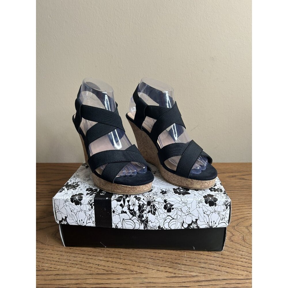 CL Laundry‎ Cork Platform 4" Wedge Sandals Women Size 7.5 Black Strappy Heels